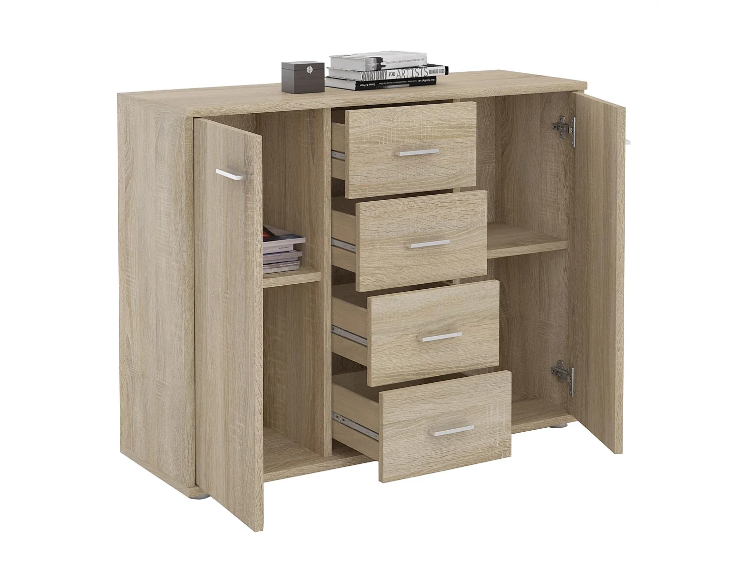 Buffet salle à manger ELODIE L 89 cm coloris chêne sonoma  avec 4 tiroirs et 2 portes, bahut bas