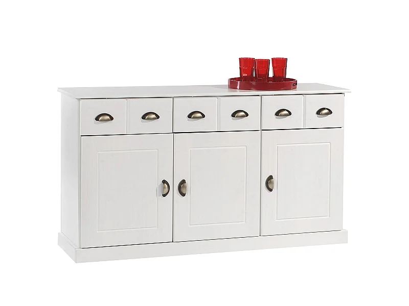 Buffet salle à manger Paris en bois massif L 133 cm avec 3 portes battantes et 3 tiroirs spacieux, coloris blanc