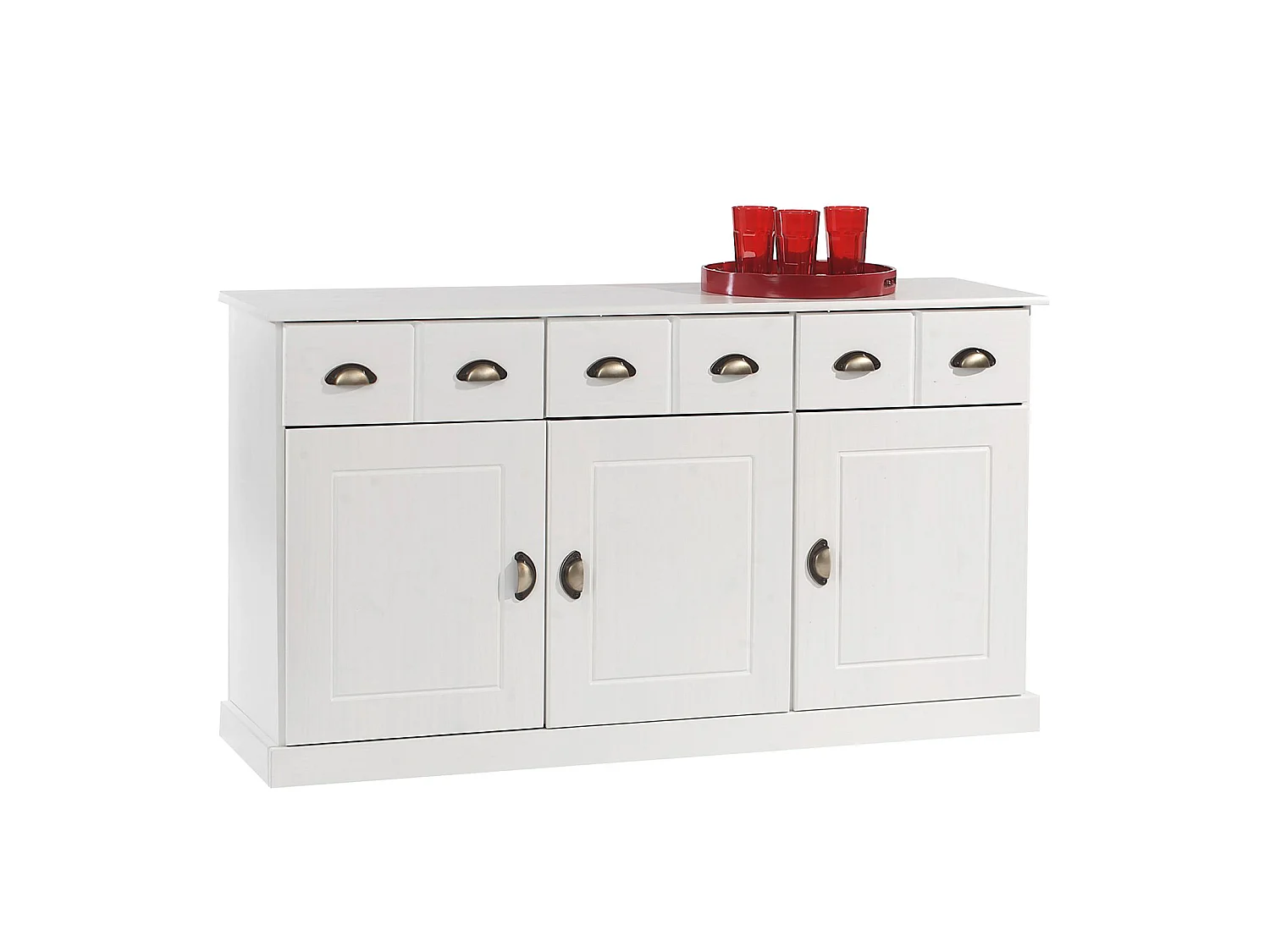 Buffet salle à manger Paris en bois massif L 133 cm avec 3 portes battantes et 3 tiroirs spacieux, coloris blanc