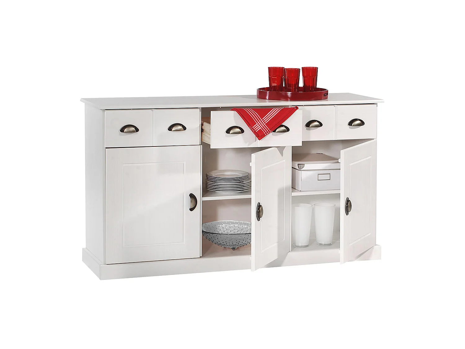 Buffet salle à manger Paris en bois massif L 133 cm avec 3 portes battantes et 3 tiroirs spacieux, coloris blanc