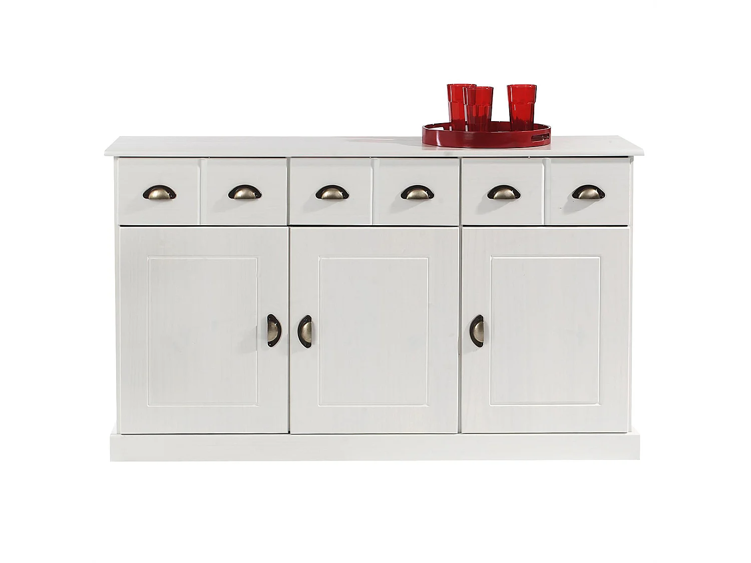 Buffet salle à manger Paris en bois massif L 133 cm avec 3 portes battantes et 3 tiroirs spacieux, coloris blanc