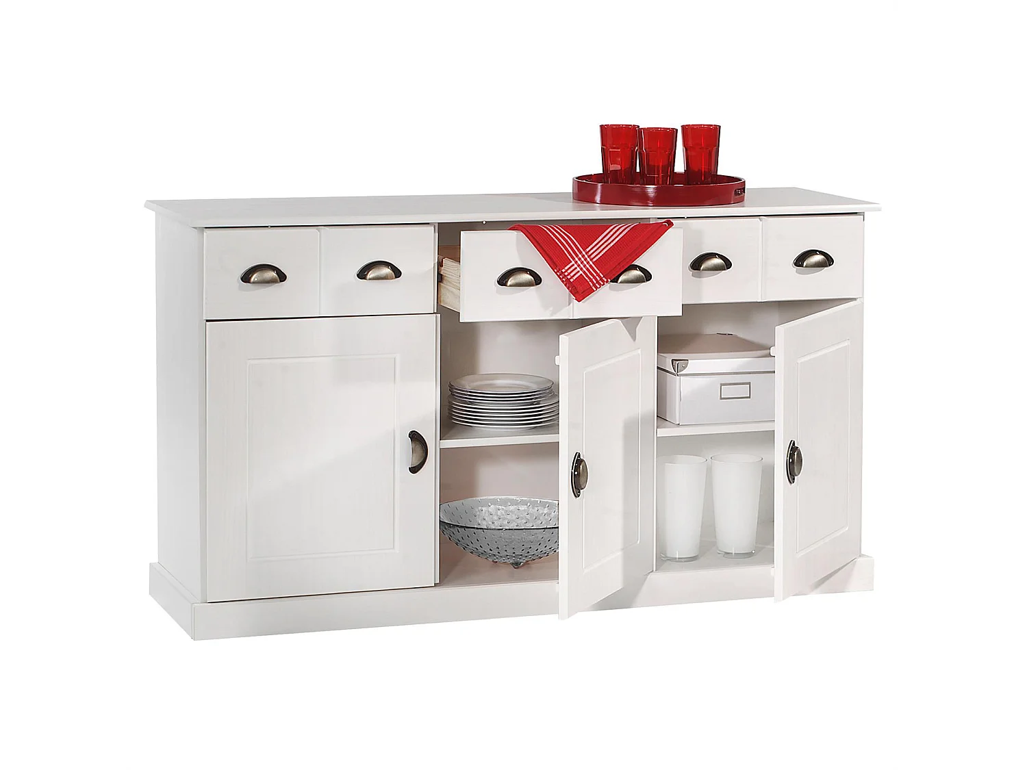 Buffet salle à manger Paris en bois massif L 133 cm avec 3 portes battantes et 3 tiroirs spacieux, coloris blanc