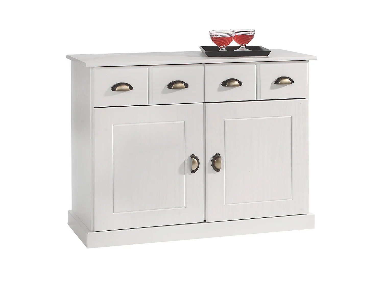 Buffet salle à manger PARIS L 91 cm en bois massif blanc 2 tiroirs 2 portes meuble rangement avec poignées coquilles