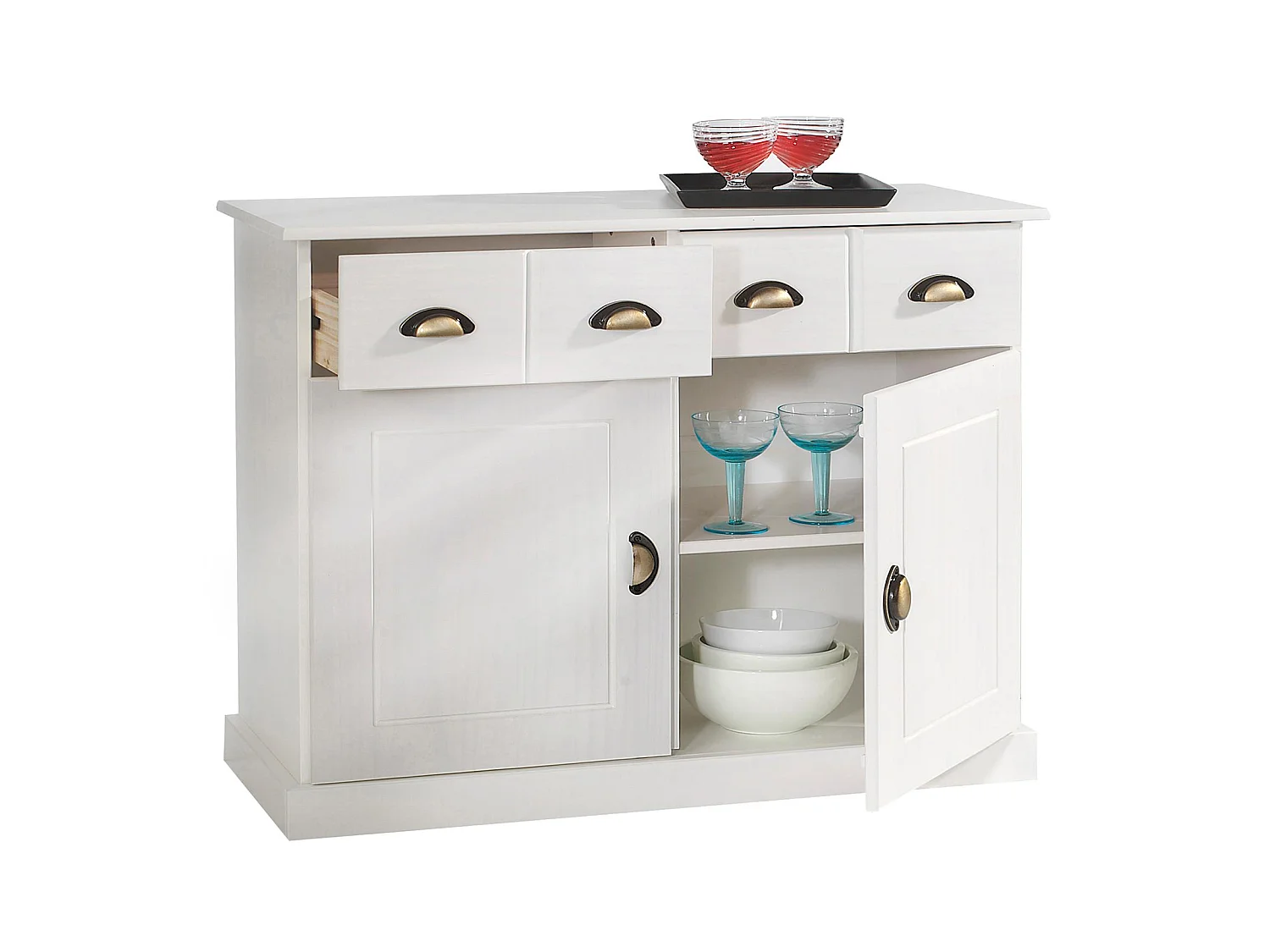 Buffet salle à manger PARIS L 91 cm en bois massif blanc 2 tiroirs 2 portes meuble rangement avec poignées coquilles