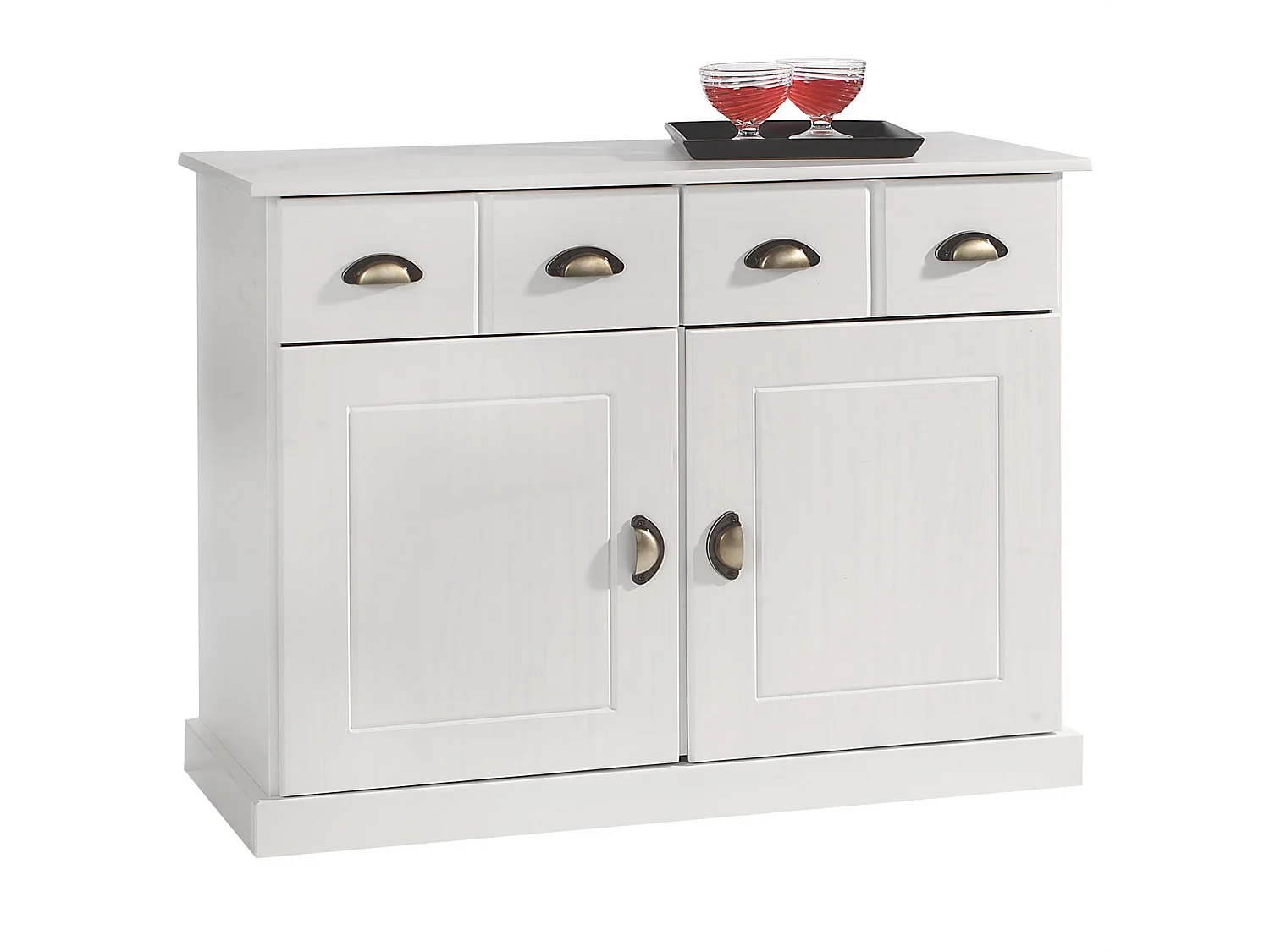 Buffet salle à manger PARIS L 91 cm en bois massif blanc 2 tiroirs 2 portes meuble rangement avec poignées coquilles