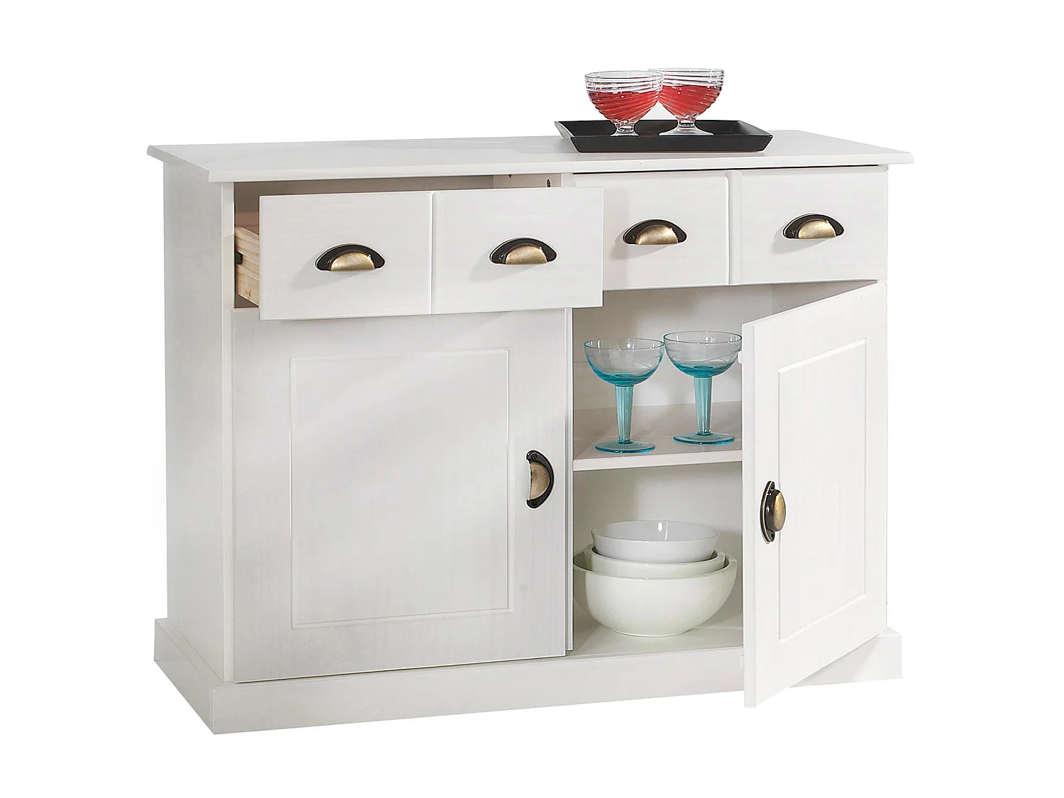 Buffet salle à manger PARIS L 91 cm en bois massif blanc 2 tiroirs 2 portes meuble rangement avec poignées coquilles