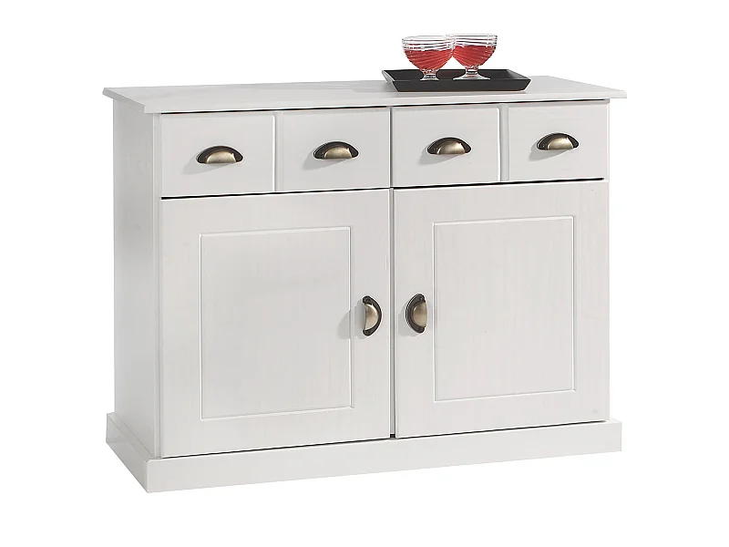 Buffet salle à manger PARIS L 91 cm en bois massif blanc 2 tiroirs 2 portes meuble rangement avec poignées coquilles