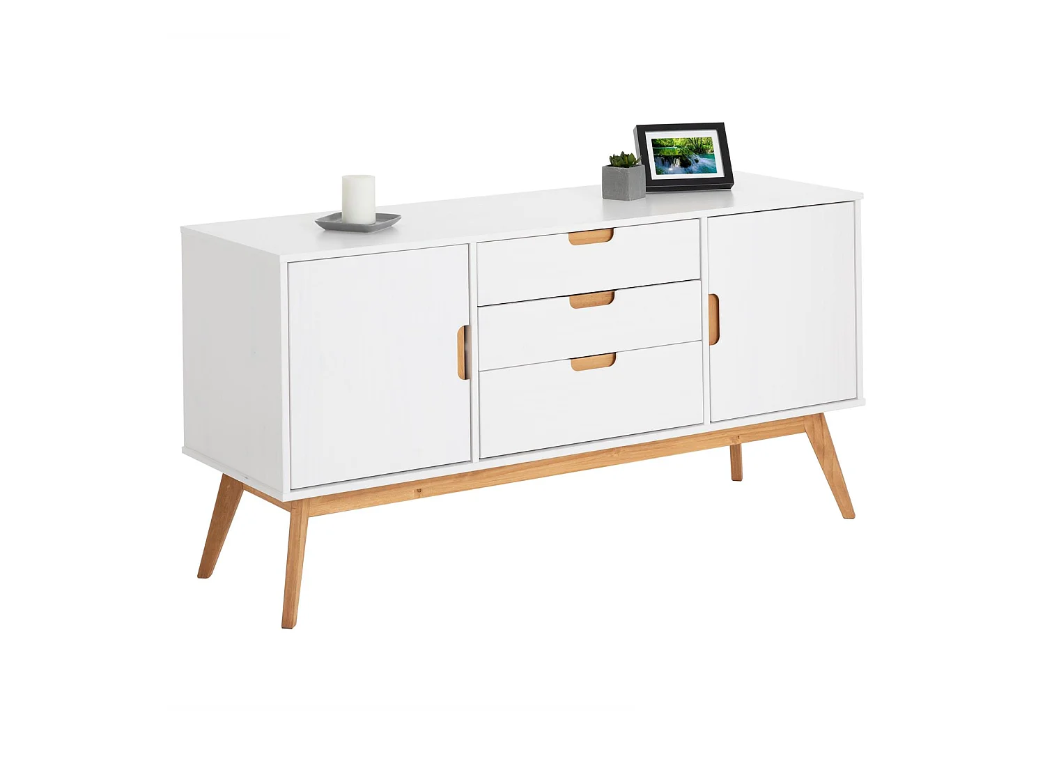 Buffet TIVOLI design vintage scandinave nordique commode bahut vaisselier avec 3 tiroirs 2 portes, en pin massif lasuré blanc