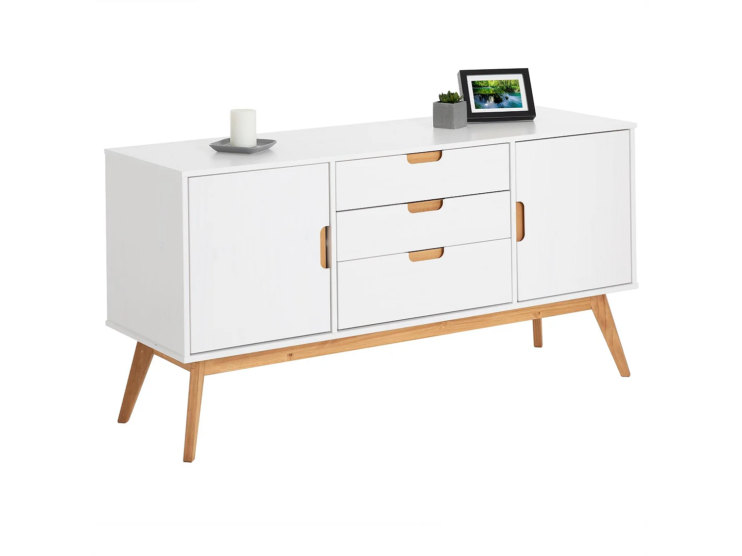 Buffet TIVOLI design vintage scandinave nordique commode bahut vaisselier avec 3 tiroirs 2 portes, en pin massif lasuré blanc