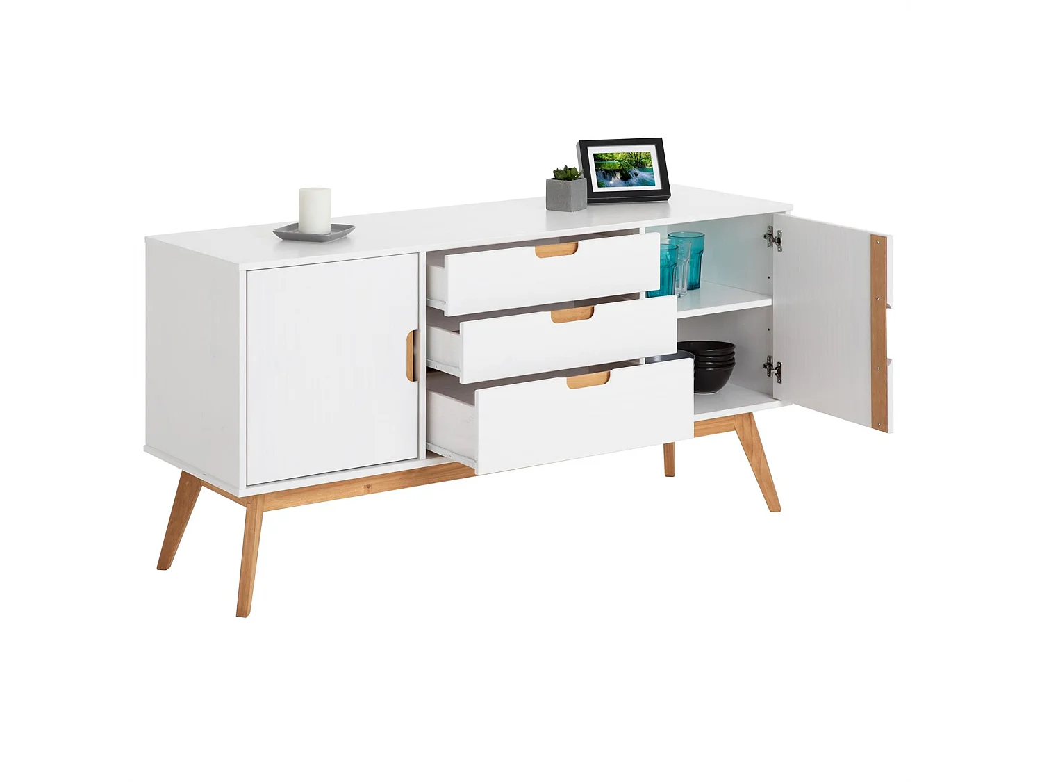 Buffet TIVOLI design vintage scandinave nordique commode bahut vaisselier avec 3 tiroirs 2 portes, en pin massif lasuré blanc