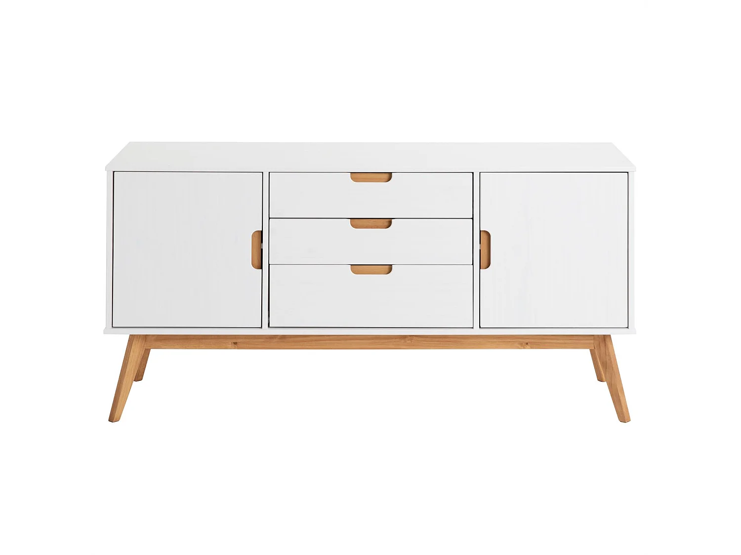 Buffet TIVOLI design vintage scandinave nordique commode bahut vaisselier avec 3 tiroirs 2 portes, en pin massif lasuré blanc