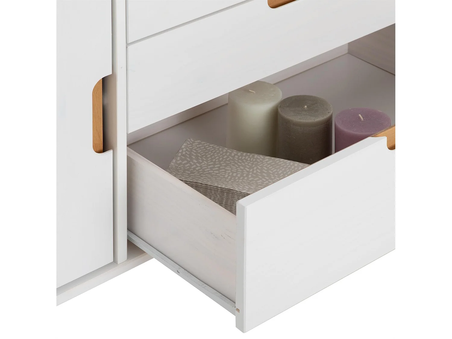 Buffet TIVOLI design vintage scandinave nordique commode bahut vaisselier avec 3 tiroirs 2 portes, en pin massif lasuré blanc