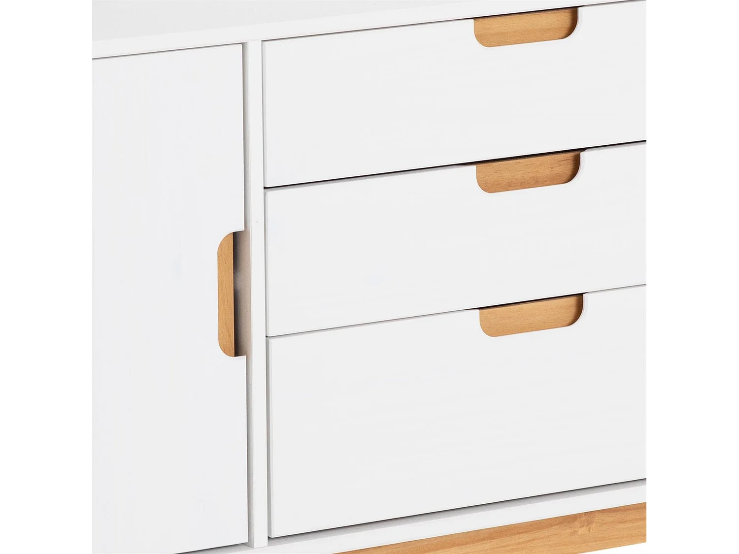 Buffet TIVOLI design vintage scandinave nordique commode bahut vaisselier avec 3 tiroirs 2 portes, en pin massif lasuré blanc