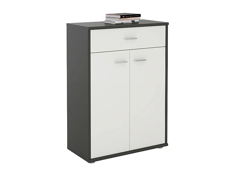 Buffet CALAIS, commode meuble de rangement avec 1 tiroir et 2 portes, en mélaminé gris mat et blanc mat