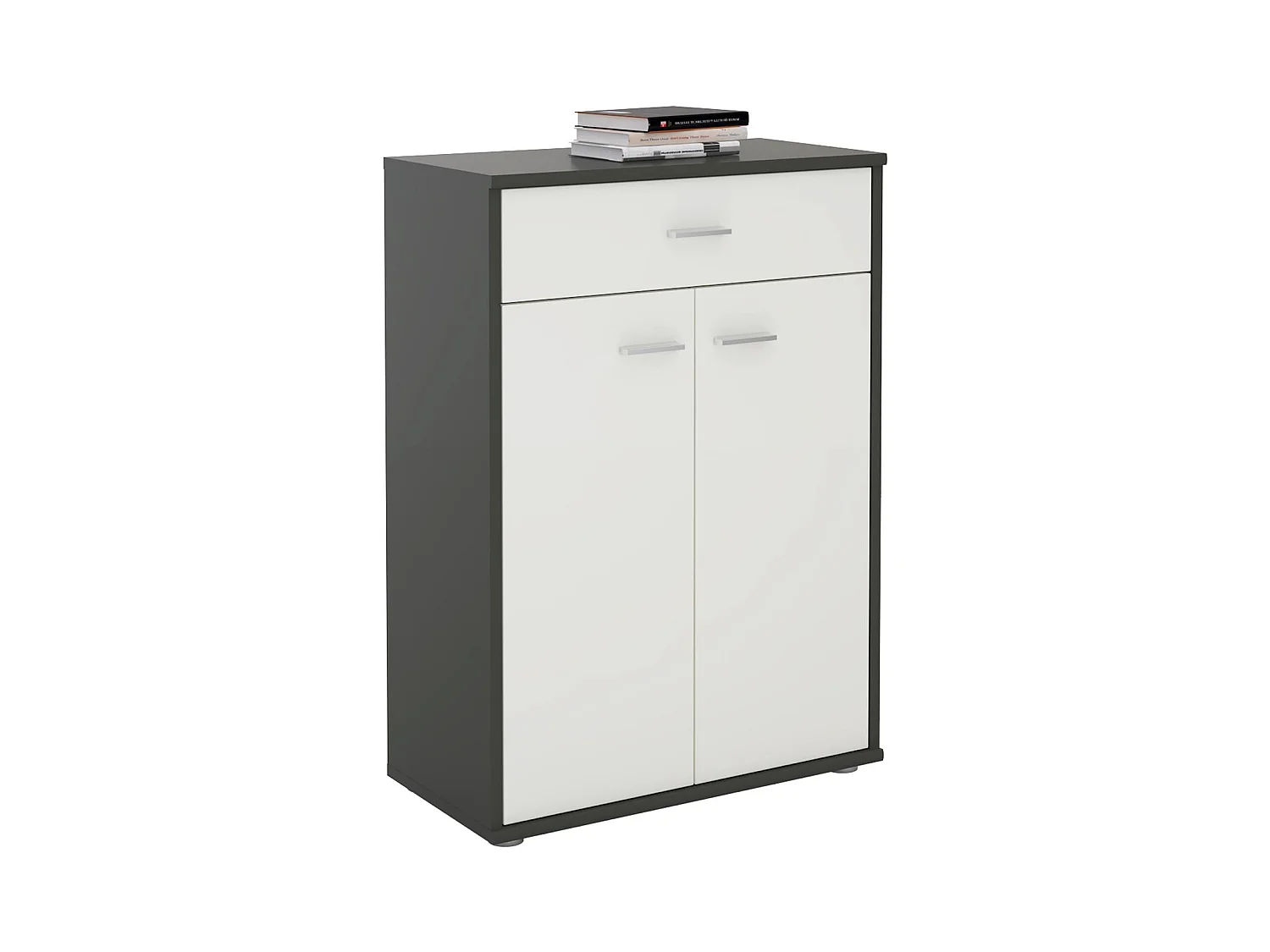 Buffet CALAIS, commode meuble de rangement avec 1 tiroir et 2 portes, en mélaminé gris mat et blanc mat