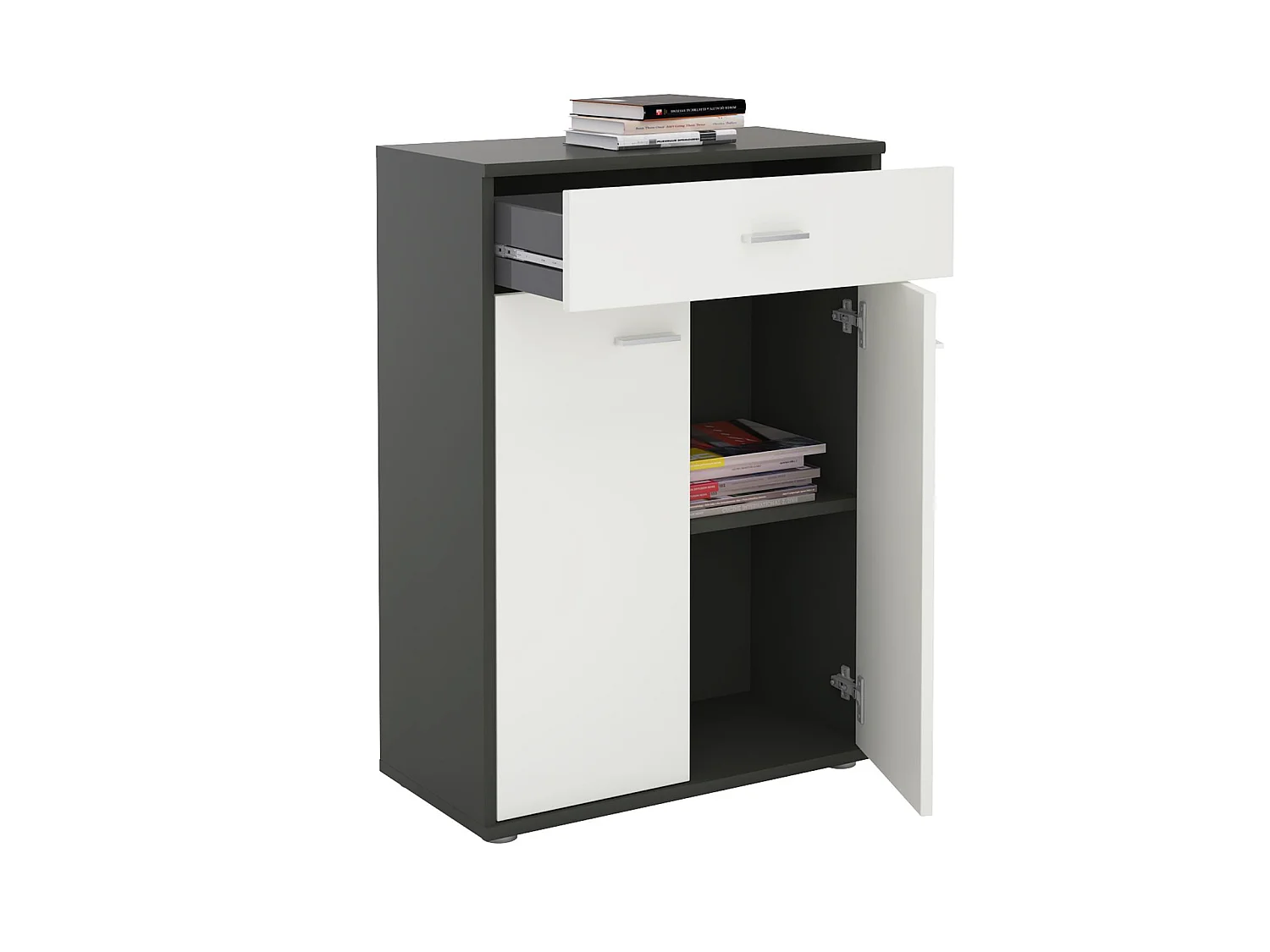 Buffet CALAIS, commode meuble de rangement avec 1 tiroir et 2 portes, en mélaminé gris mat et blanc mat