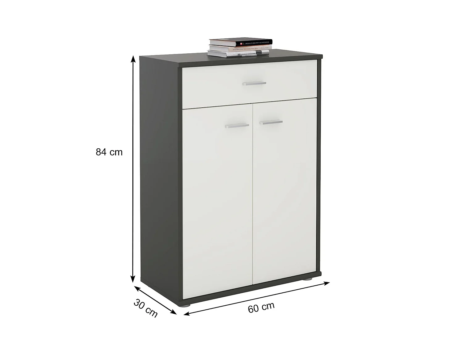 Buffet CALAIS, commode meuble de rangement avec 1 tiroir et 2 portes, en mélaminé gris mat et blanc mat