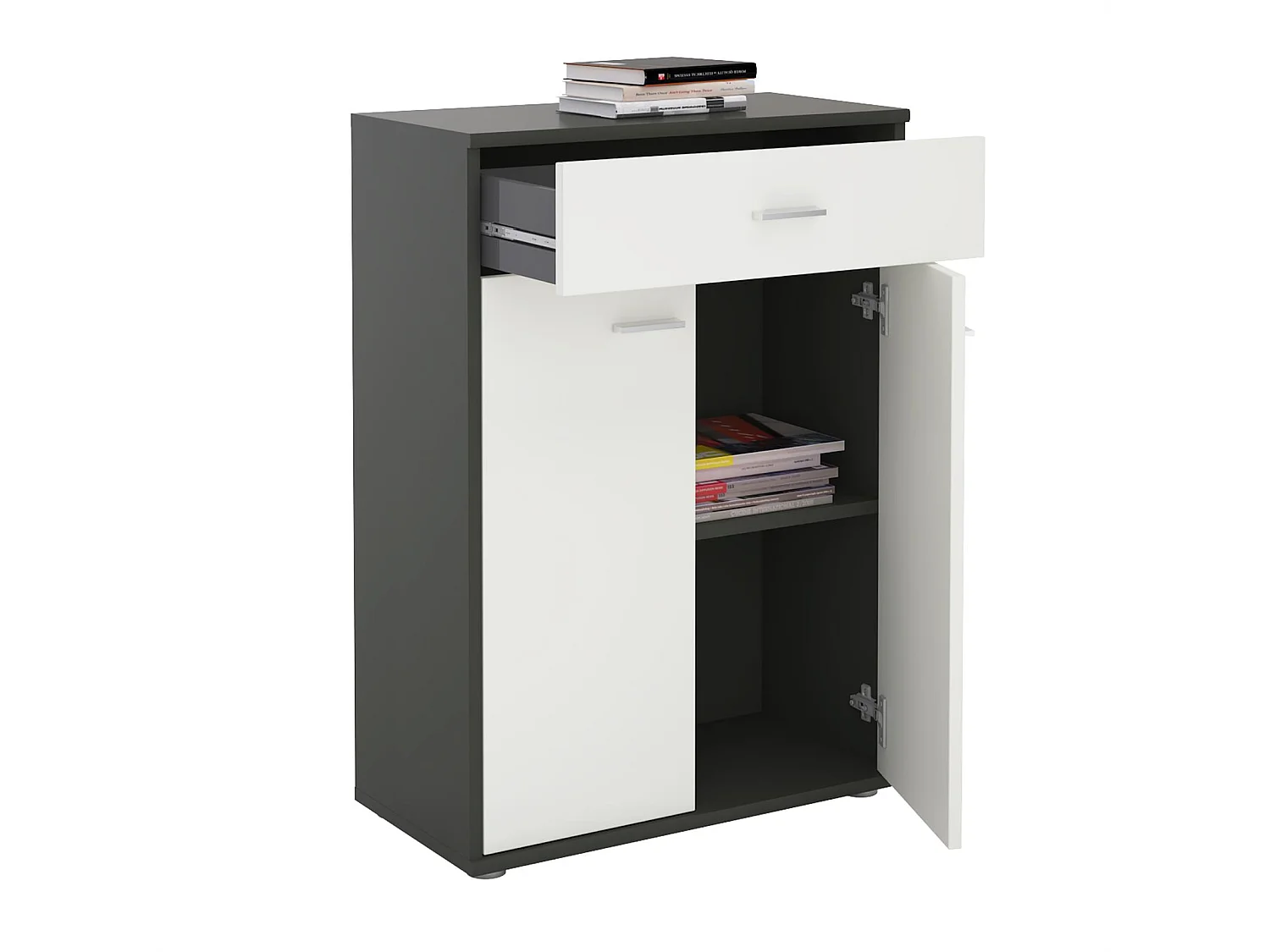 Buffet CALAIS, commode meuble de rangement avec 1 tiroir et 2 portes, en mélaminé gris mat et blanc mat