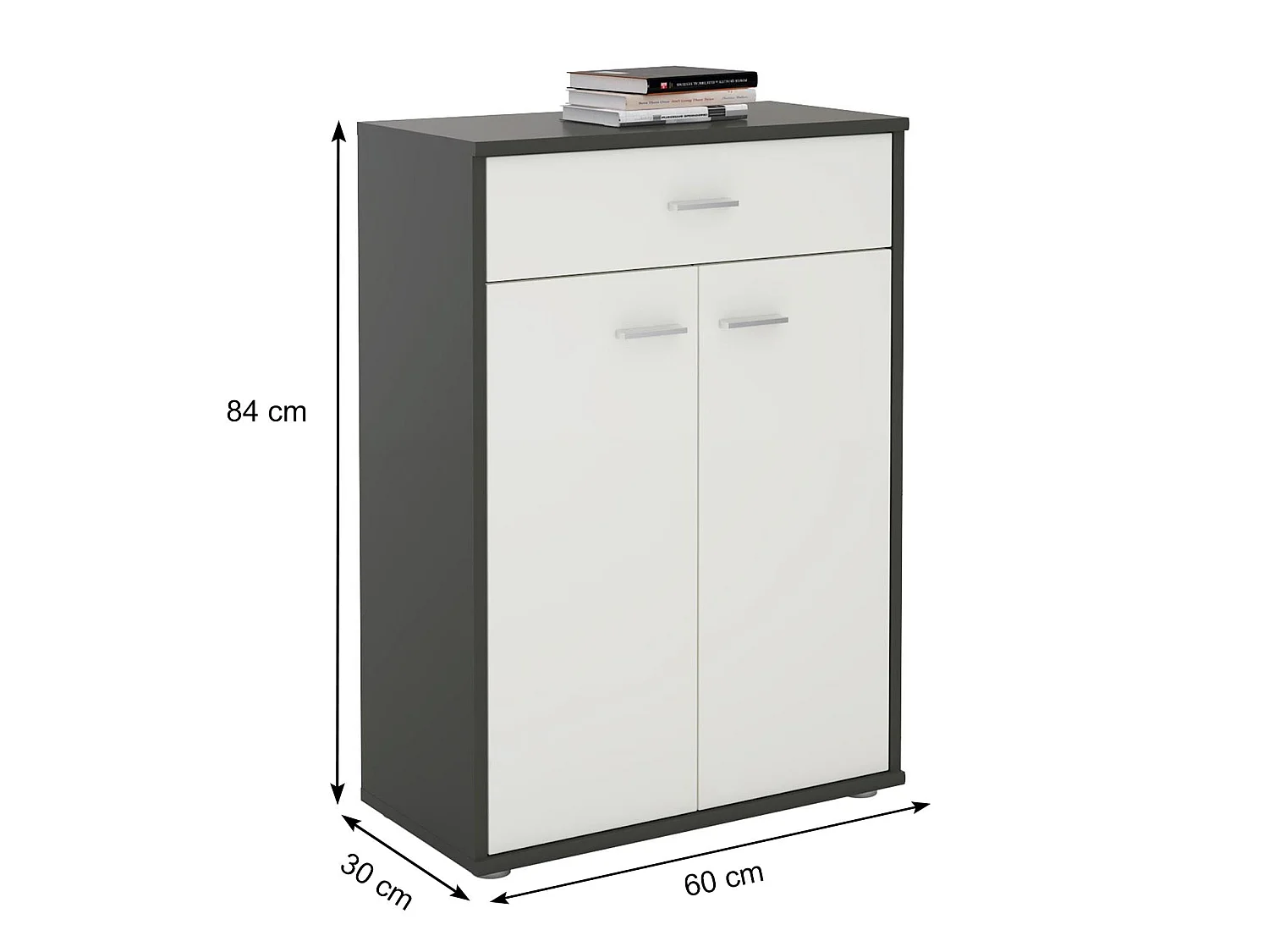 Buffet CALAIS, commode meuble de rangement avec 1 tiroir et 2 portes, en mélaminé gris mat et blanc mat