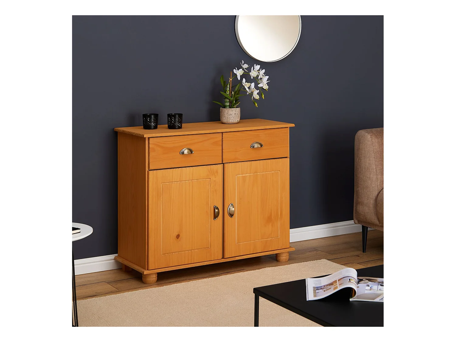 Buffet salle à manger COLMAR en bois L 94 cm coloris teinté laqué avec 2 portes battantes et 2 tiroirs spacieux