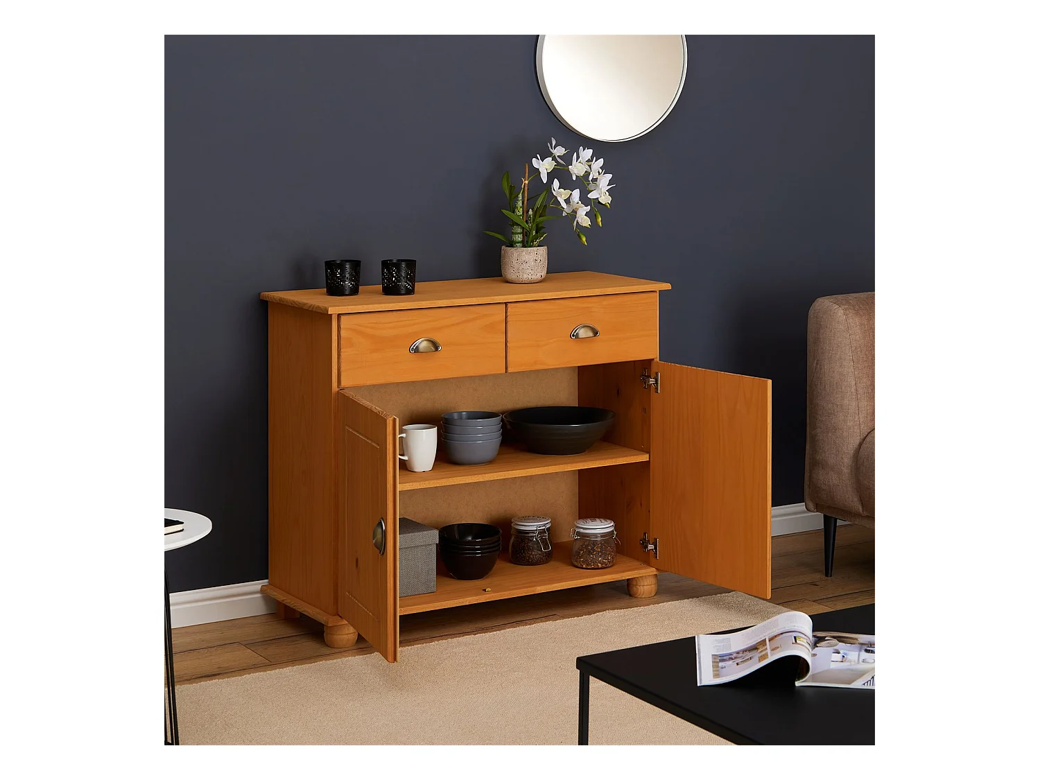 Buffet salle à manger COLMAR en bois L 94 cm coloris teinté laqué avec 2 portes battantes et 2 tiroirs spacieux