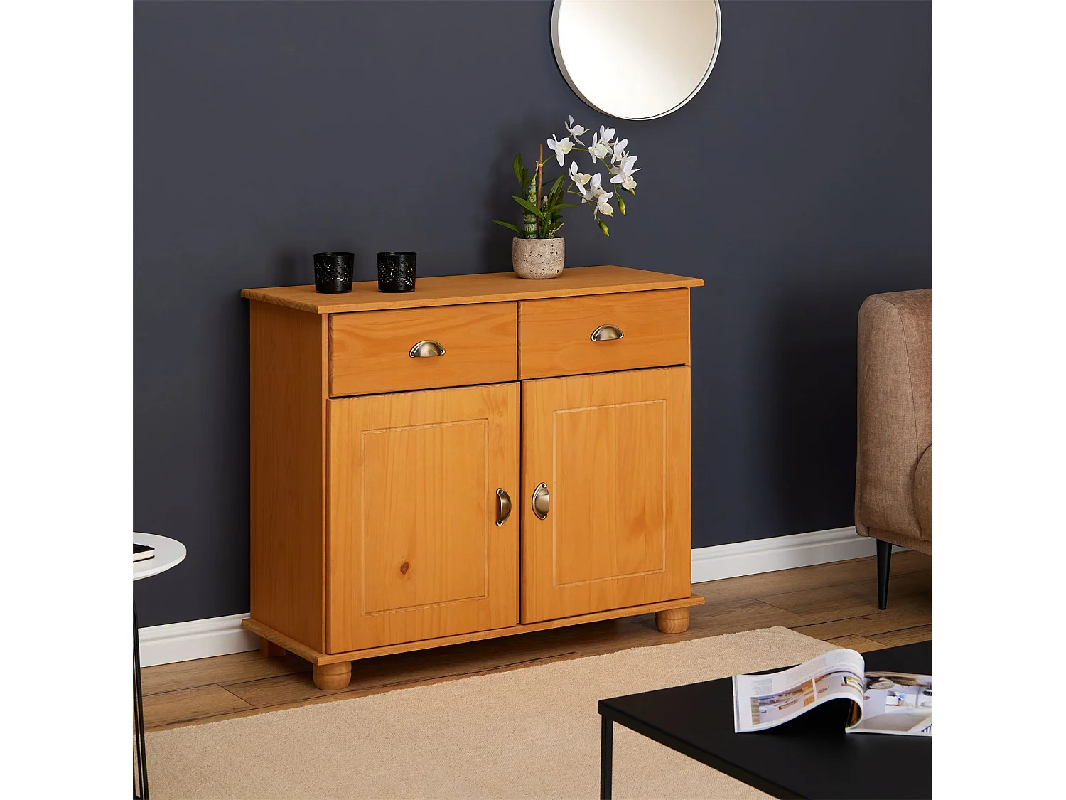 Buffet salle à manger COLMAR en bois L 94 cm coloris teinté laqué avec 2 portes battantes et 2 tiroirs spacieux