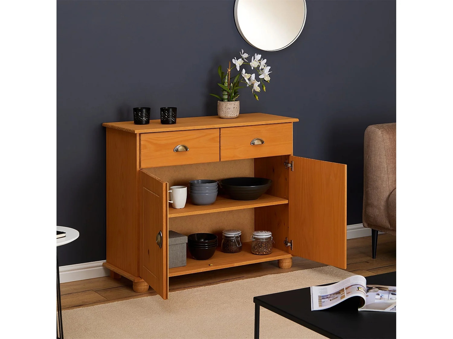 Buffet salle à manger COLMAR en bois L 94 cm coloris teinté laqué avec 2 portes battantes et 2 tiroirs spacieux