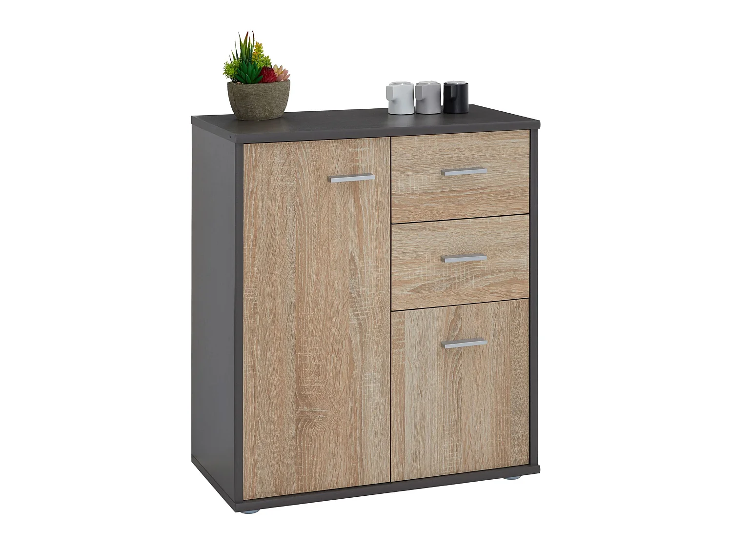 Buffet salle à manger REMY L 60 cm coloris gris et sonoma avec 2 portes et 2 tiroirs bahut bas meuble de rangement