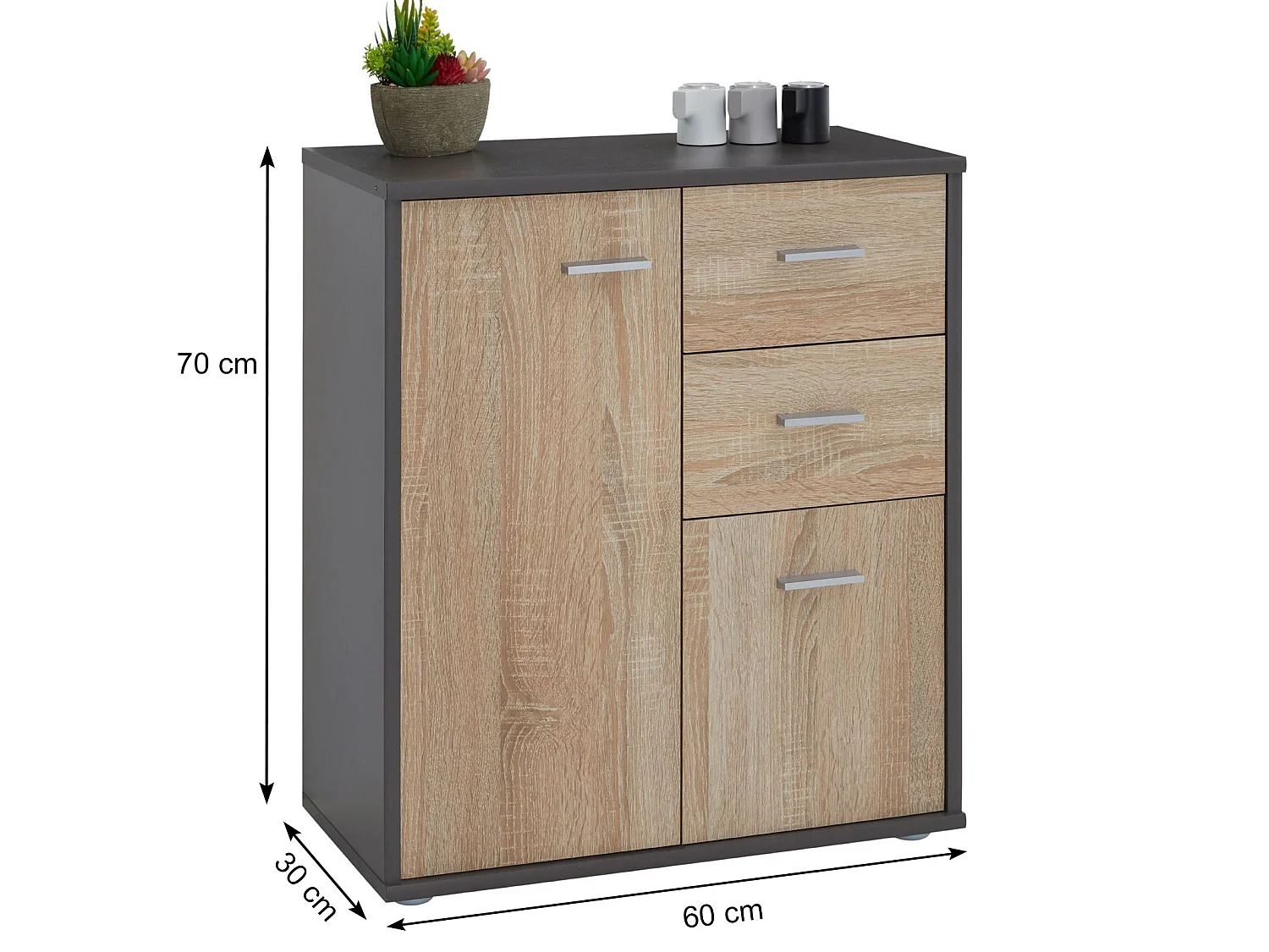 Buffet salle à manger REMY L 60 cm coloris gris et sonoma avec 2 portes et 2 tiroirs bahut bas meuble de rangement