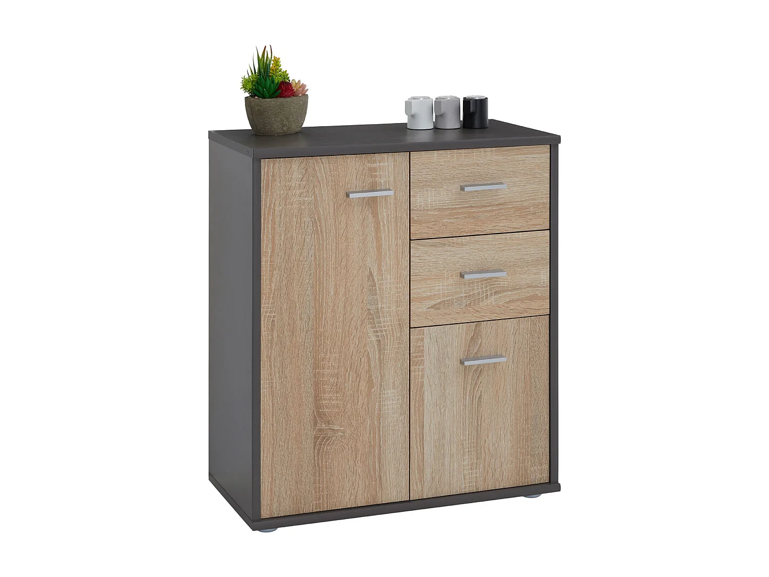 Buffet salle à manger REMY L 60 cm coloris gris et sonoma avec 2 portes et 2 tiroirs bahut bas meuble de rangement