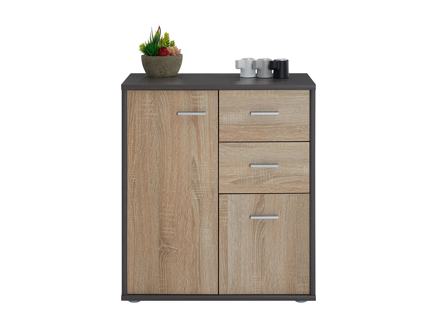 Buffet salle à manger REMY L 60 cm coloris gris et sonoma avec 2 portes et 2 tiroirs bahut bas meuble de rangement