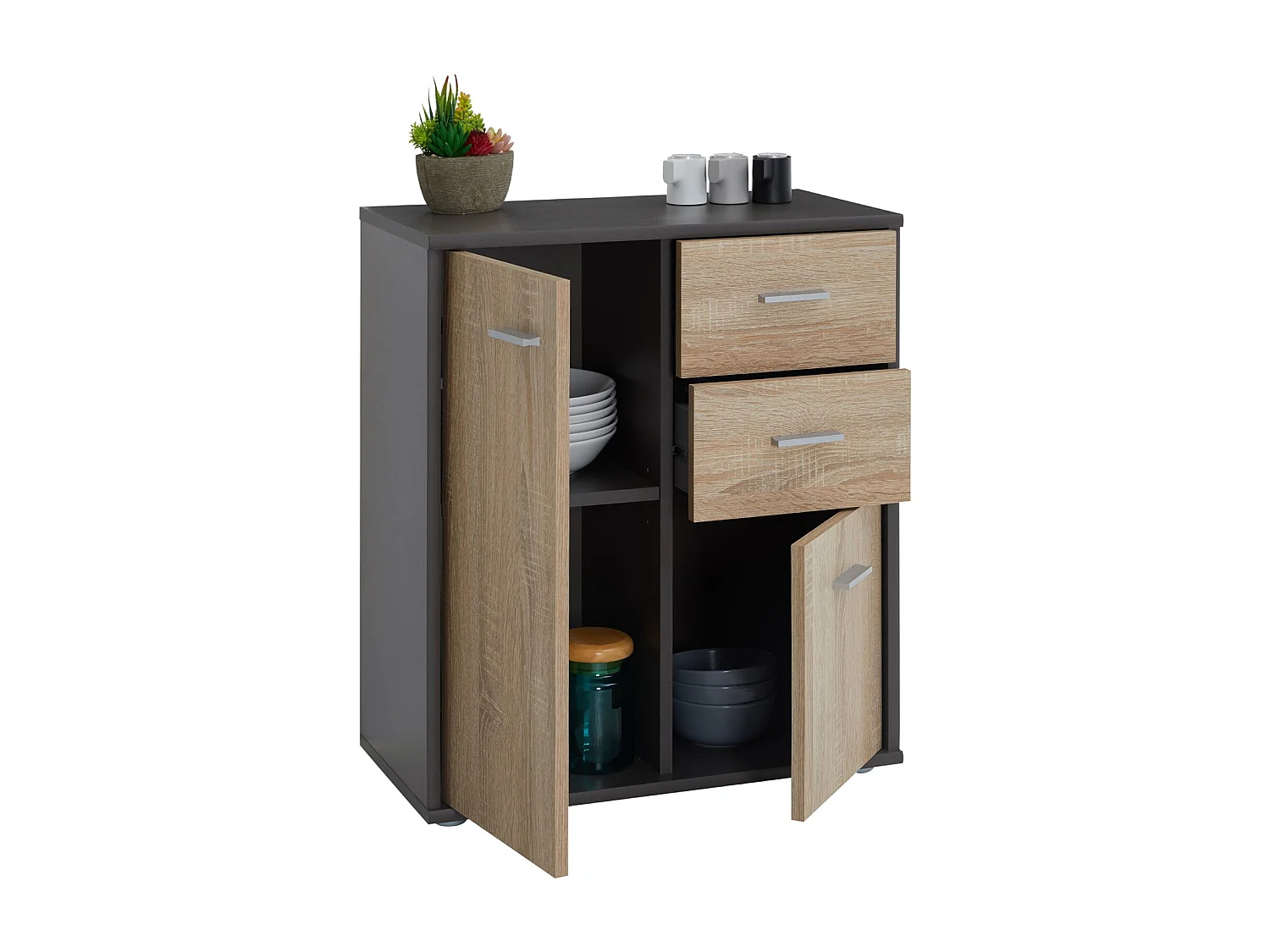 Buffet salle à manger REMY L 60 cm coloris gris et sonoma avec 2 portes et 2 tiroirs bahut bas meuble de rangement