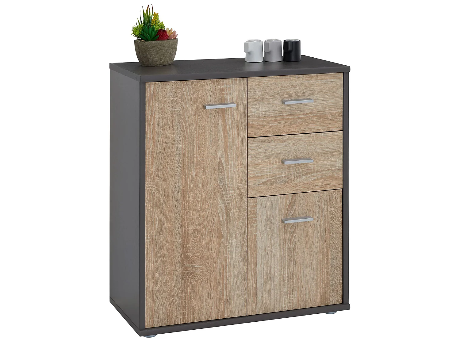 Buffet salle à manger REMY L 60 cm coloris gris et sonoma avec 2 portes et 2 tiroirs bahut bas meuble de rangement