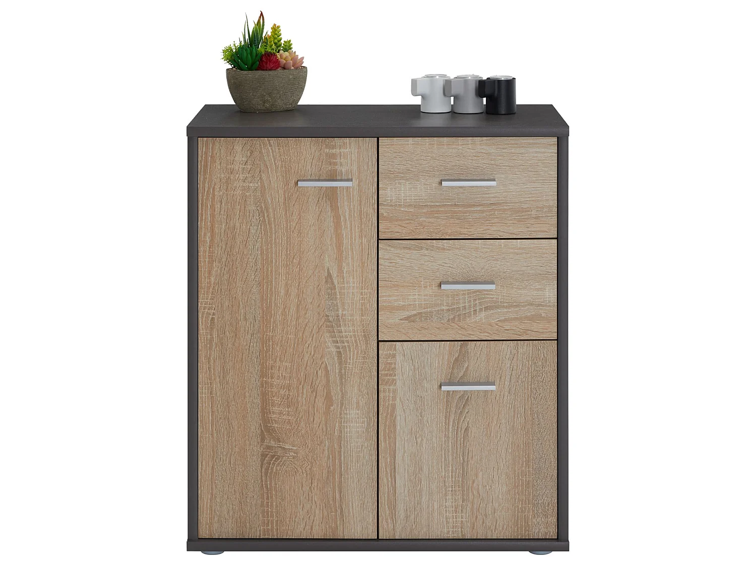 Buffet salle à manger REMY L 60 cm coloris gris et sonoma avec 2 portes et 2 tiroirs bahut bas meuble de rangement