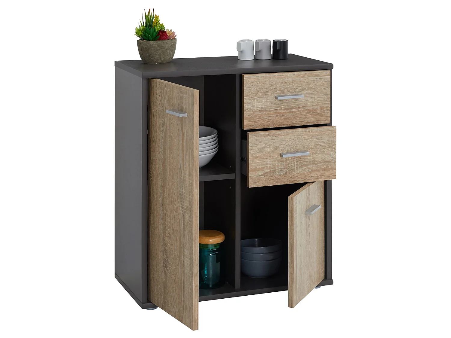 Buffet salle à manger REMY L 60 cm coloris gris et sonoma avec 2 portes et 2 tiroirs bahut bas meuble de rangement