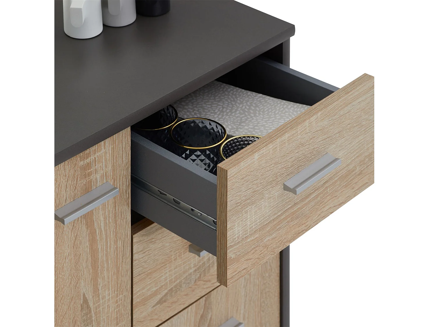 Buffet salle à manger REMY L 60 cm coloris gris et sonoma avec 2 portes et 2 tiroirs bahut bas meuble de rangement