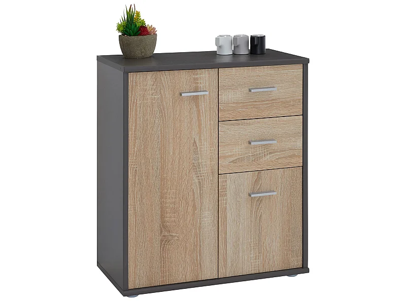 Buffet salle à manger REMY L 60 cm coloris gris et sonoma avec 2 portes et 2 tiroirs bahut bas meuble de rangement