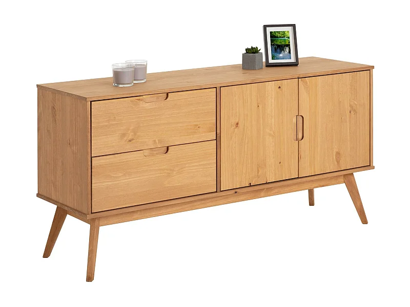 Buffet salle à manger TIVOLI  L 145 cm en bois massif finition bois naturel teinté avec 2 tiroirs et 2 portes battantes