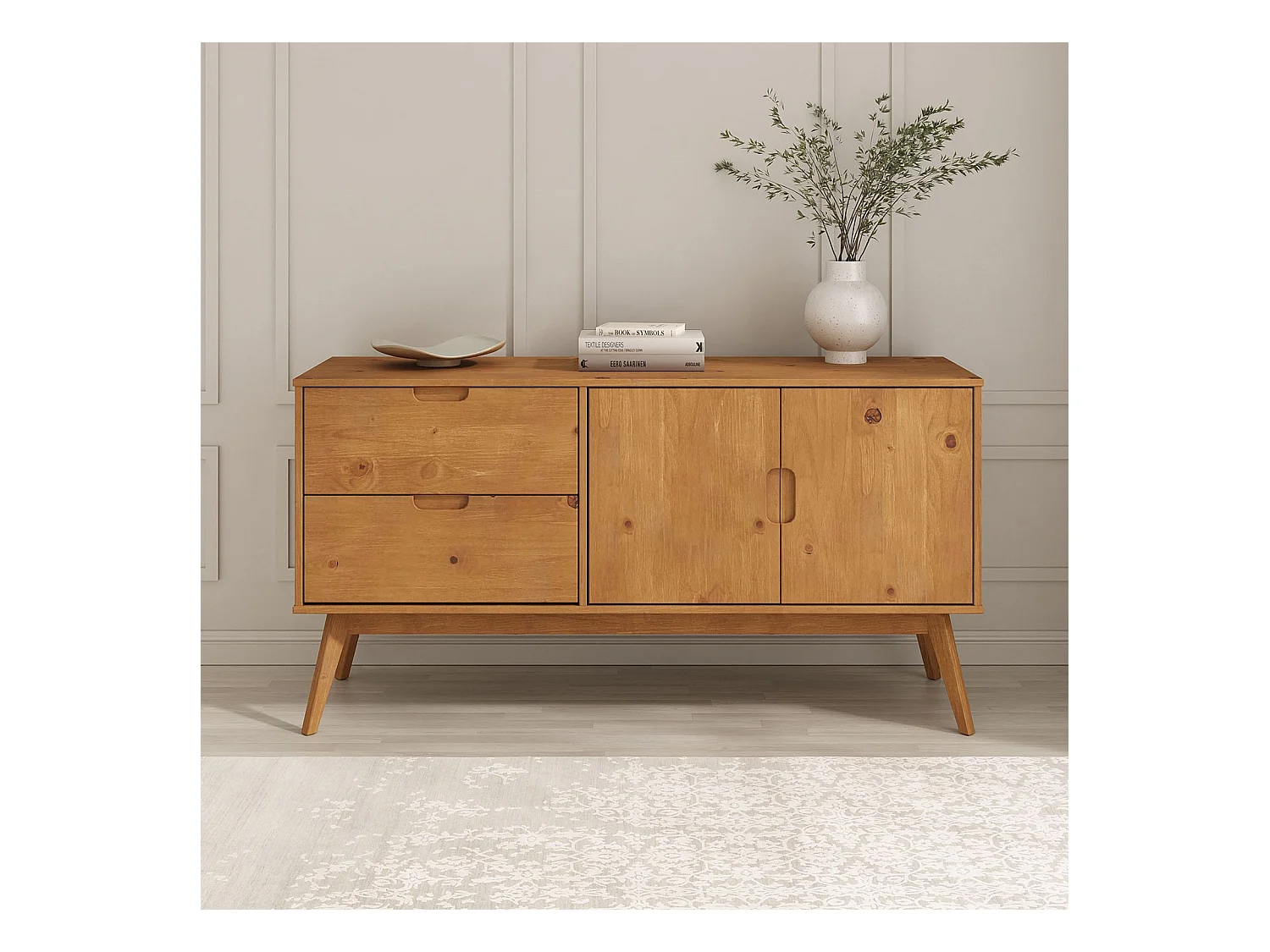 Buffet salle à manger TIVOLI  L 145 cm en bois massif finition bois naturel teinté avec 2 tiroirs et 2 portes battantes