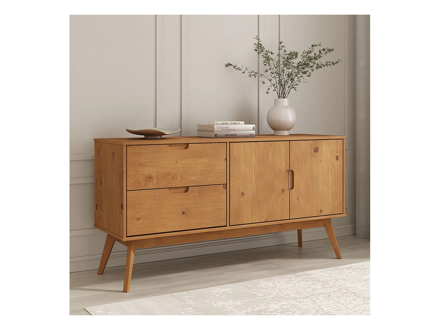 Buffet salle à manger TIVOLI  L 145 cm en bois massif finition bois naturel teinté avec 2 tiroirs et 2 portes battantes