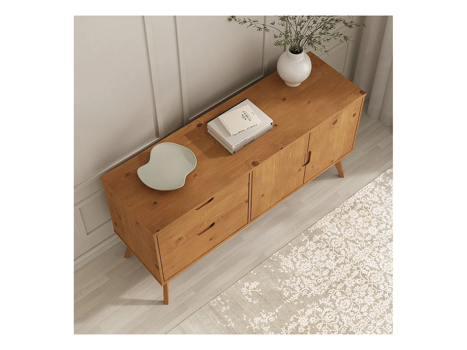 Buffet salle à manger TIVOLI  L 145 cm en bois massif finition bois naturel teinté avec 2 tiroirs et 2 portes battantes