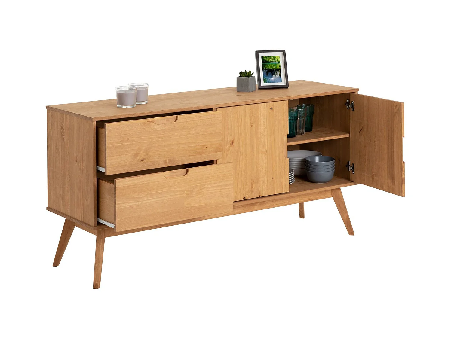 Buffet salle à manger TIVOLI  L 145 cm en bois massif finition bois naturel teinté avec 2 tiroirs et 2 portes battantes