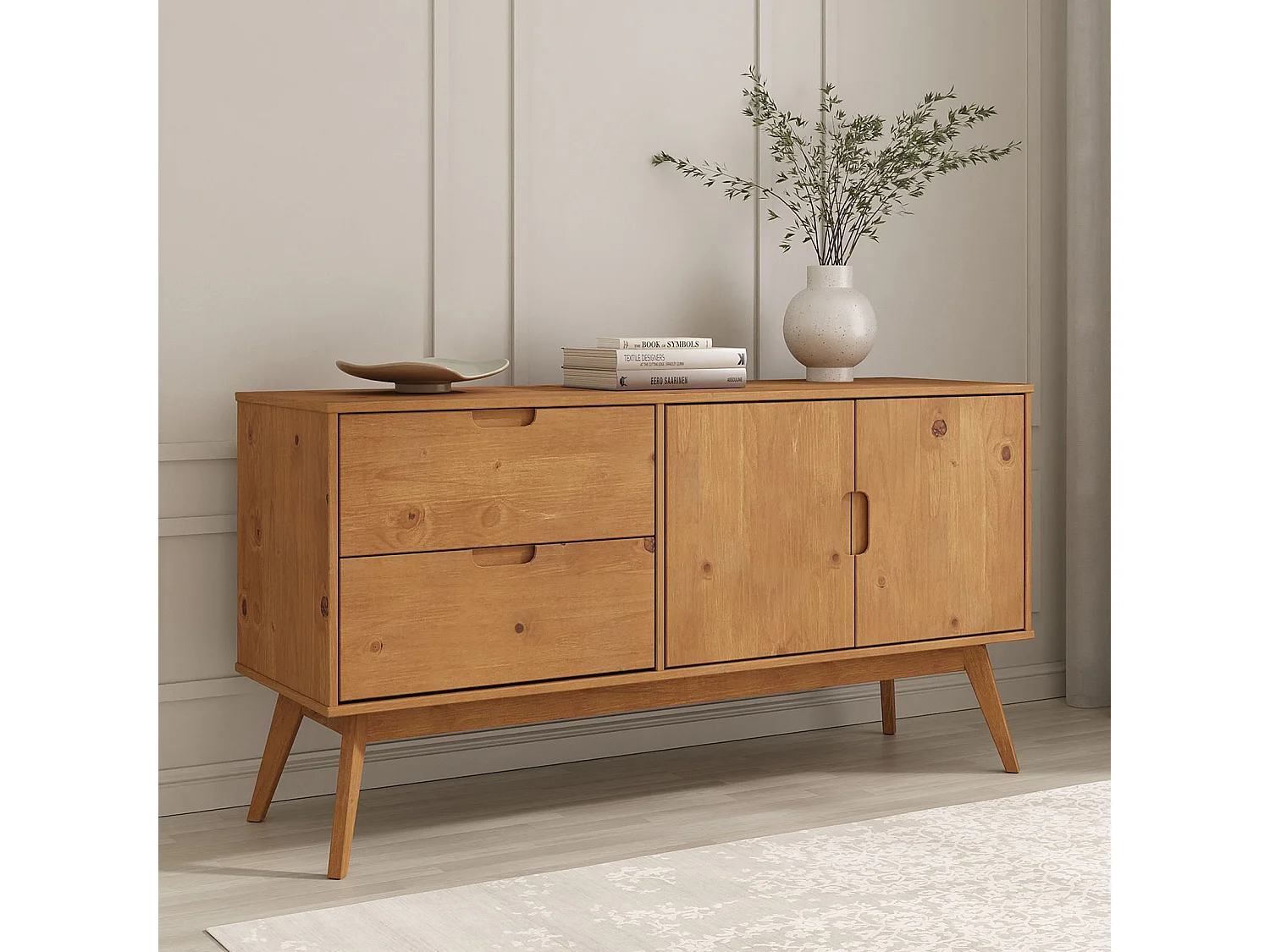 Buffet salle à manger TIVOLI  L 145 cm en bois massif finition bois naturel teinté avec 2 tiroirs et 2 portes battantes