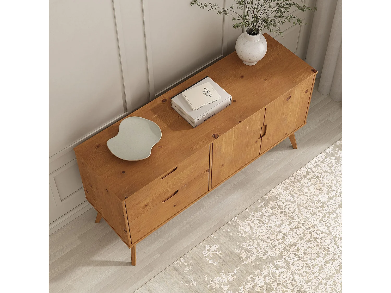 Buffet salle à manger TIVOLI  L 145 cm en bois massif finition bois naturel teinté avec 2 tiroirs et 2 portes battantes