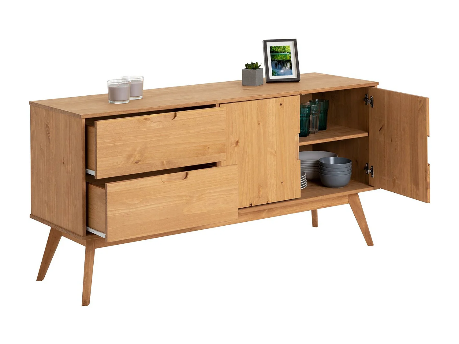 Buffet salle à manger TIVOLI  L 145 cm en bois massif finition bois naturel teinté avec 2 tiroirs et 2 portes battantes