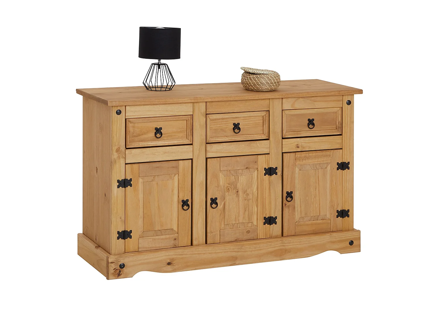 Buffet SALSA commode bahut vaisselier en bois style mexicain avec 3 portes et 3 tiroirs, en pin massif finition teintée/cirée