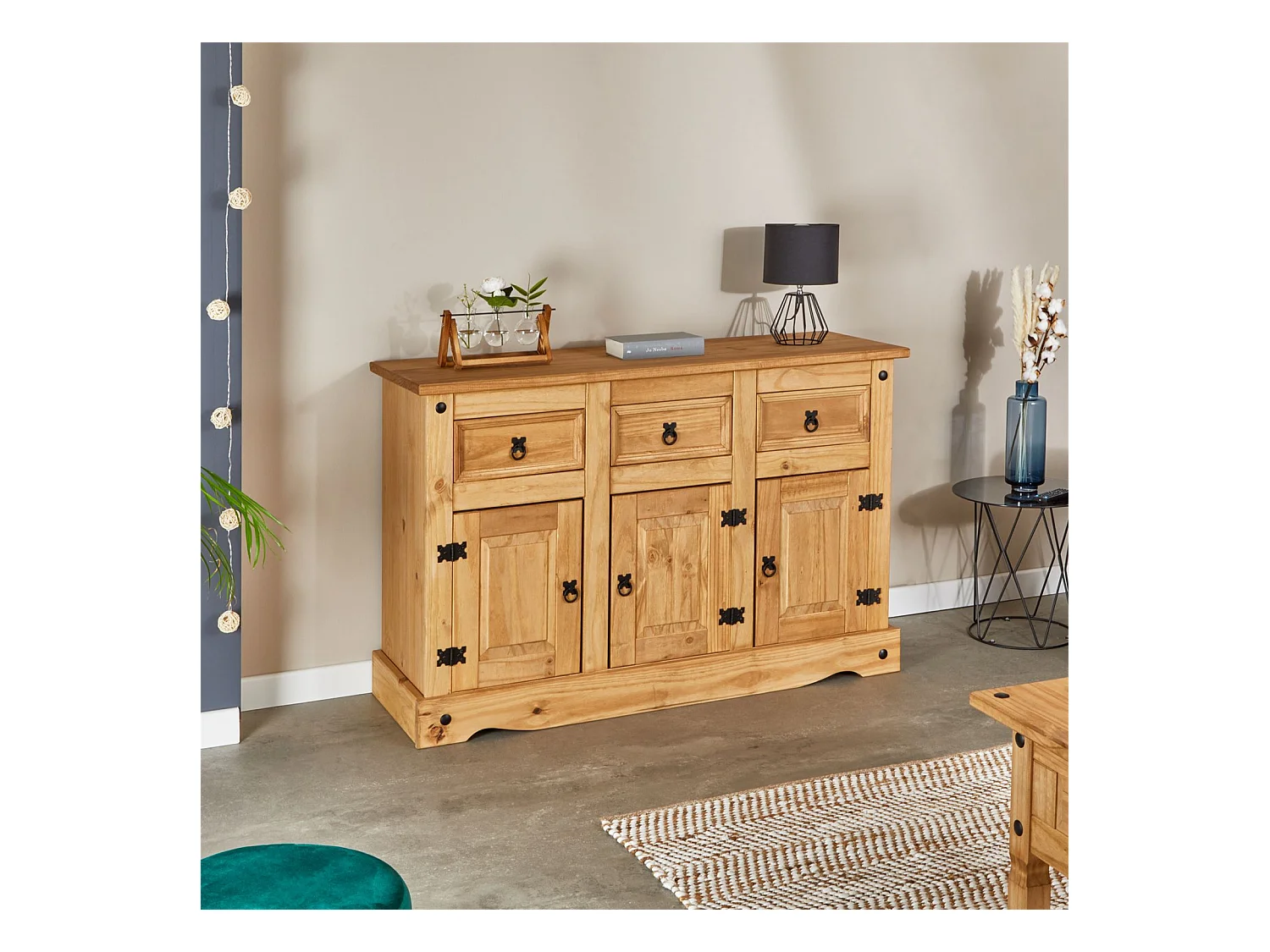 Buffet SALSA commode bahut vaisselier en bois style mexicain avec 3 portes et 3 tiroirs, en pin massif finition teintée/cirée