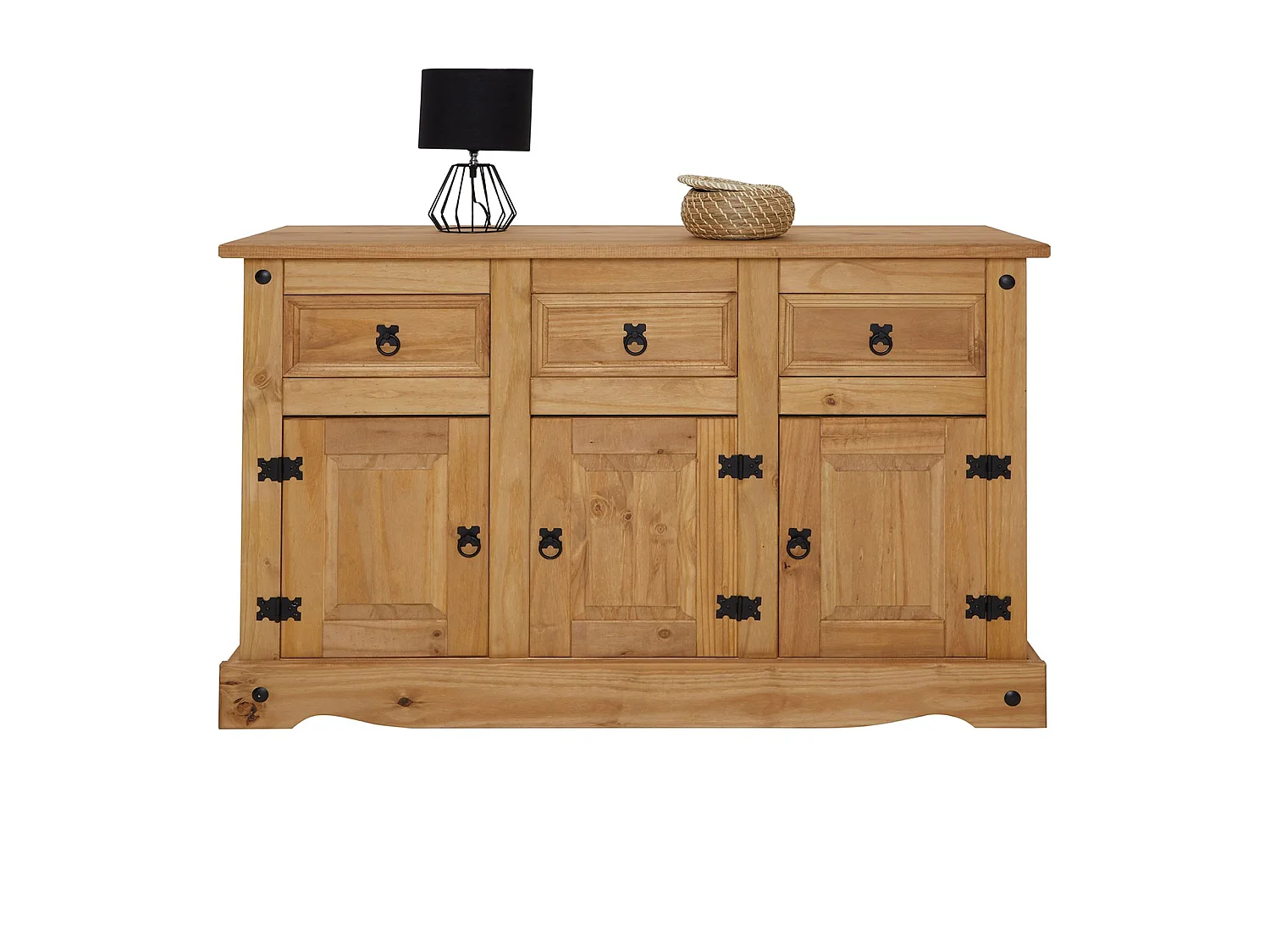 Buffet SALSA commode bahut vaisselier en bois style mexicain avec 3 portes et 3 tiroirs, en pin massif finition teintée/cirée