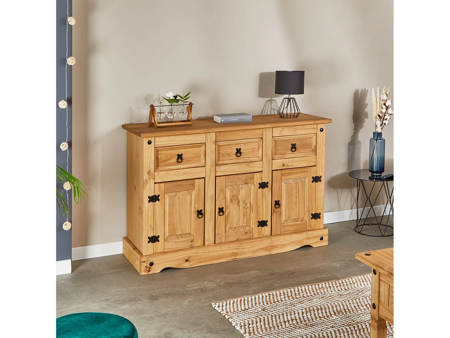 Buffet SALSA commode bahut vaisselier en bois style mexicain avec 3 portes et 3 tiroirs, en pin massif finition teintée/cirée