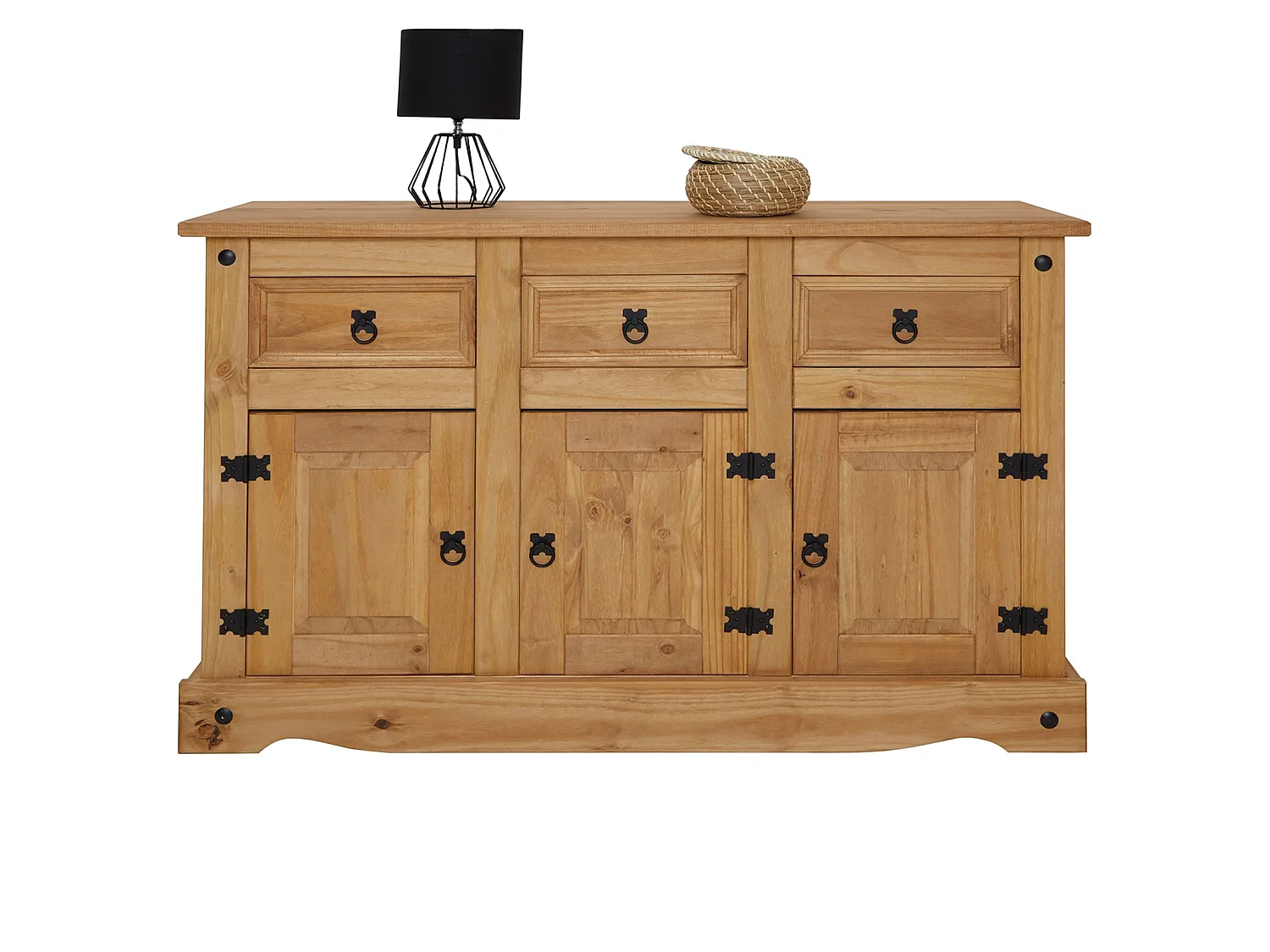 Buffet SALSA commode bahut vaisselier en bois style mexicain avec 3 portes et 3 tiroirs, en pin massif finition teintée/cirée